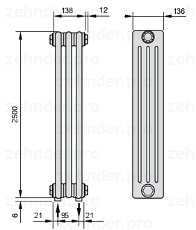 Схема (чертеж) Радиатор Zehnder Charleston 4250/3 №3570 Белый глянцевый RAL 9016